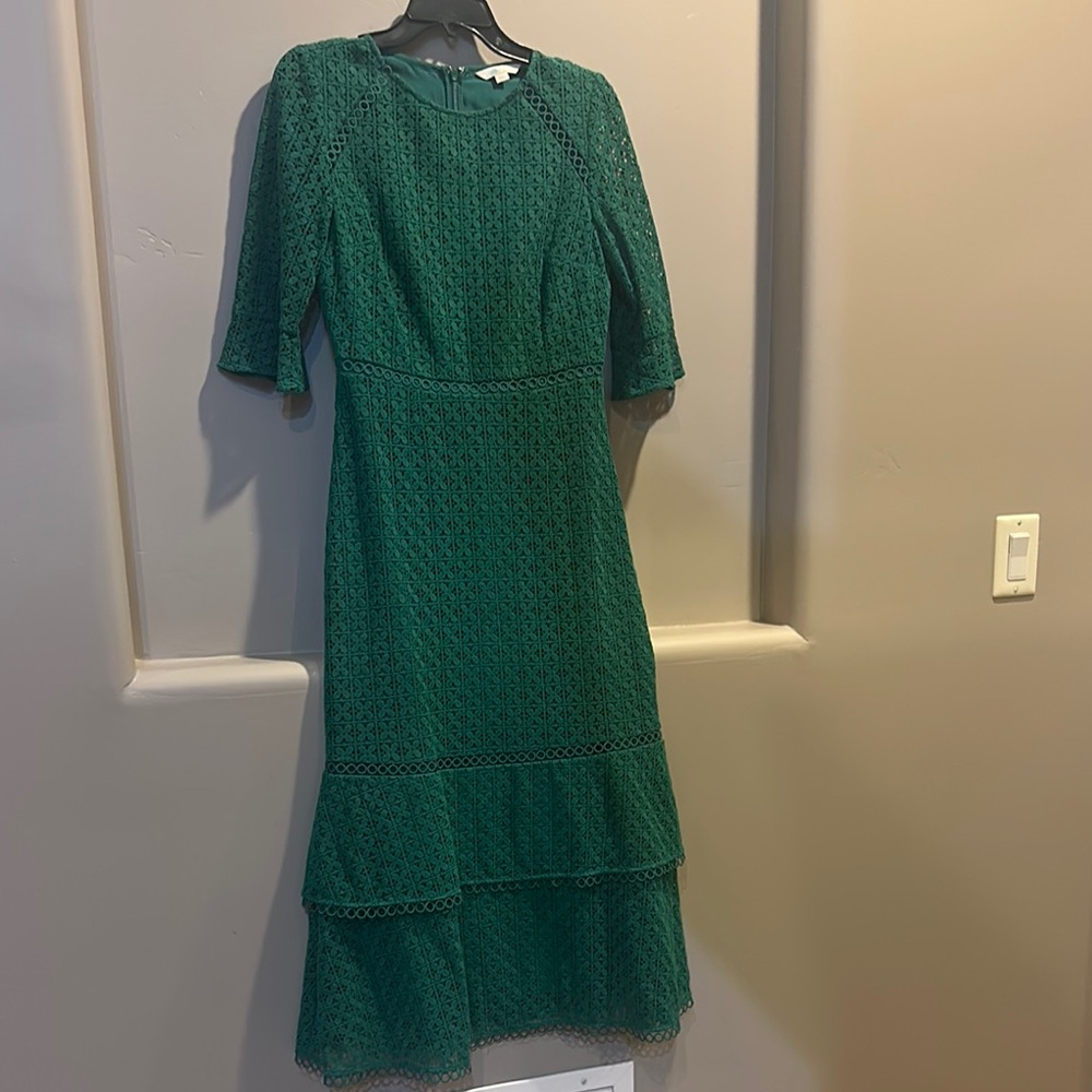 Boden Green Sheath Midi Dress with Tiered Ruffles
